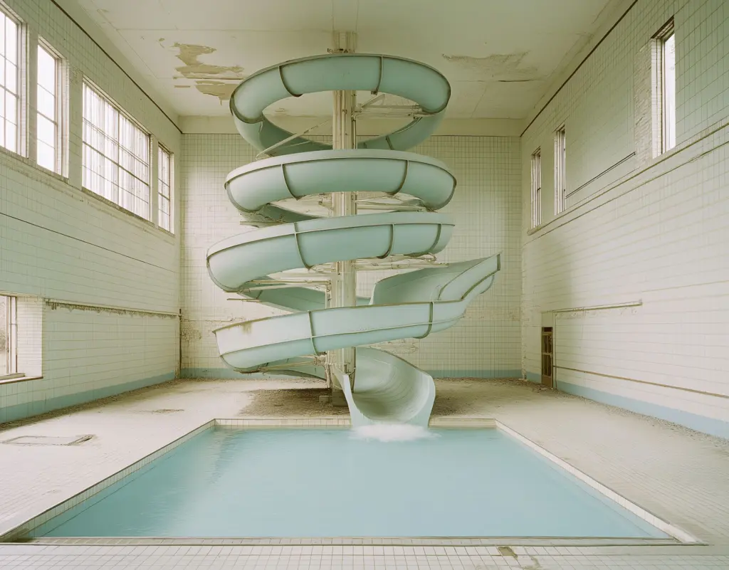 Imaginary abandoned training pool and water slide